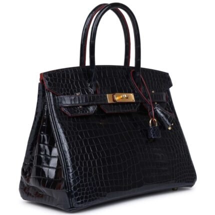 HERMÈS BIRKIN 30 BLEU MARINE AND ROUGE H CONTOUR SHINY POROSUS CROCODILE GOLD HARDWARE