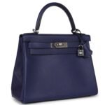 PRE-OWNED HERMÈS KELLY RETOURNE 28 BLEU ENCRE VERSO EVERCOLOR PALLADIUM HARDWARE