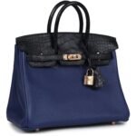 HERMÈS BIRKIN 25 BLEU SAPHIR TAURILLION NOVILLO AND BLEU MARINE MATTE ALLIGATOR TOUCH ROSE GOLD HARDWARE