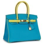 PRE-OWNED HERMÈS SPECIAL ORDER (HSS) BIRKIN 30 BLEU TURQUOISE AND LIME CHEVRE GOLD HARDWARE