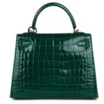 PRE-OWNED HERMÈS KELLY SELLIER 25 EMERALD SHINY ALLIGATOR GOLD HARDWAR