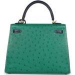 PRE OWNED HERMÈS SPECIAL ORDER HSS KELLY SELLIER 25 VERT VERTIGO AND BLEU IRIS OSTRICH BRUSHED GOLD HARDWARE