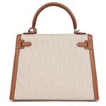 HERMÈS KELLY SELLIER 25 GOLD SWIFT AND ECRU TOILE PALLADIUM HARDWARE
