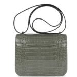 HERMÈS CONSTANCE 18 GRIS CIMENT SHINY ALLIGATOR PALLADIUM HARDWARE