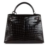 PRE-OWNED HERMÈS KELLY SELLIER 28 COCOAN SHINY NILOTICUS CROCODILE PALLADIUM HARDWARE