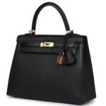 PRE-OWNED HERMÈS KELLY SELLIER 25 BLACK CHEVRE MYSORE GOLD HARDWARE