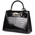 HERMÈS KELLY SELLIER 25 BLACK SHINY NILOTICUS CROCODILE GOLD HARDWARE