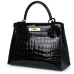 HERMÈS KELLY SELLIER 28 BLACK SHINY ALLIGATOR GOLD HARDWARE