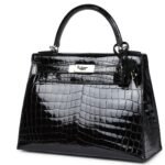 HERMÈS KELLY SELLIER 28 BLACK SHINY NILOTICUS CROCODILE PALLADIUM HARDWARE