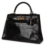 VINTAGE HERMÈS KELLY SELLIER 32 BLACK SHINY POROSUS CROCODILE GOLD HARDWARE