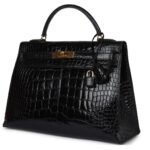 HERMÈS VINTAGE KELLY SELLIER 32 BLACK SHINY ALLIGATOR GOLD HARDWARE