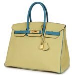 PRE-OWNED HERMÈS SPECIAL ORDER (HSS) BIRKIN 35 JAUNE POUSSIN AND BLEU PARADISE TOGO BRUSHED GOLD HARDWARE