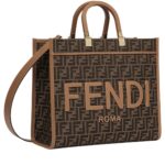 FENDI SUNSHINE MEDIUM BROWN FF JACQUARD FABRIC SHOPPER
