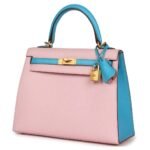 HERMÈS SPECIAL ORDER (HSS) KELLY SELLIER 25 ROSE SAKURA AND BLEU AZTEC CHEVRE BRUSHED GOLD HARDWARE