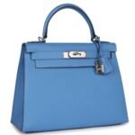 PRE-OWNED HERMÈS KELLY SELLIER 28 BLEU AZUR EPSOM PALLADIUM HARDWARE
