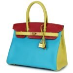 HERMÈS SPECIAL ORDER HSS TRI COLOR BIRKIN 30 BLEU AZTEC SOUFRE AND ROUGE VIF CHEVRE BRUSHED GOLD HARDWARE