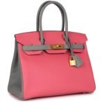 PRE-OWNED HERMÈS SPECIAL ORDER (HSS) BIRKIN 30 ROSE AZALEE AND GRIS MOUETTE EPSOM BRUSHED GOLD HARDWARE