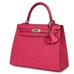 PRE-OWNED HERMÈS KELLY SELLIER 25 ROSE TYRIEN OSTRICH PALLADIUM HARDWARE