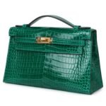 HERMÈS KELLY POCHETTE EMERALD SHINY POROSUS CROCODILE GOLD HARDWARE