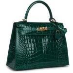 PRE-OWNED HERMÈS KELLY SELLIER 25 EMERALD SHINY ALLIGATOR GOLD HARDWAR