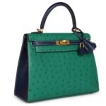 PRE OWNED HERMÈS SPECIAL ORDER HSS KELLY SELLIER 25 VERT VERTIGO AND BLEU IRIS OSTRICH BRUSHED GOLD HARDWARE