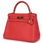 PRE-OWNED HERMÈS KELLY RETOURNE 28 ROSE JAIPUR CLEMENCE GOLD HARDWARE