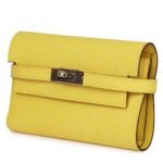HERMÈS MEDIUM KELLY DEPLIANT WALLET JAUNE CITRON OSTRICH PALLADIUM HARDWARE