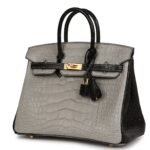 HERMÈS SPECIAL ORDER HSS BIRKIN 25 GRIS PERLE AND BLACK MATTE ALLIGATOR MISSISSIPPIENIS BRUSHED GOLD HARDWARE