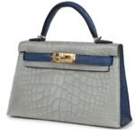 HERMÈS SPECIAL ORDER HSS KELLY SELLIER 20 GRIS PERLE AND BLEU DE MALTE MATTE ALLIGATOR GOLD HARDWARE
