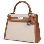 HERMÈS KELLY SELLIER 25 GOLD SWIFT AND ECRU TOILE PALLADIUM HARDWARE