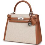 HERMÈS KELLY SELLIER 25 GOLD SWIFT AND ECRU TOILE PALLADIUM HARDWARE