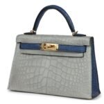 HERMÈS SPECIAL ORDER HSS KELLY SELLIER 20 GRIS PERLE AND BLEU DE MALTE MATTE ALLIGATOR GOLD HARDWARE
