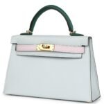 HERMÈS KELLY SELLIER 20 TRI COLOR GRIS PLATINE MAUVE PALE AND VERT MOYEN EPSOM GOLD HARDWARE