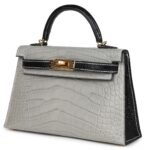HERMÈS SPECIAL ORDER HSS KELLY SELLIER 20 GRIS PERLE AND BLACK MATTE ALLIGATOR GOLD HARDWARE