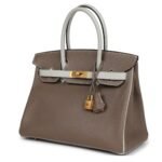 PRE-OWNED HERMÈS SPECIAL ORDER HSS BIRKIN 30 ETOUPE AND GRIS PERLE CHEVRE BRUSHED GOLD HARDWARE