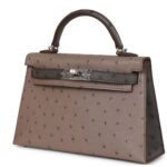 HERMÈS SPECIAL ORDER HSS KELLY SELLIER 20 GRIS TOURTERELLE AND GRAPHITE OSTRICH PALLADIUM HARDWARE
