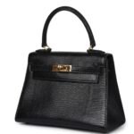VINTAGE HERMÈS KELLY SELLIER 20 BLACK VARANUS SALVATOR LIZARD GOLD HARDWARE