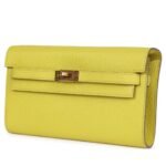 HERMÈS KELLY WALLET TO GO LIME CHEVRE MYSORE GOLD HARDWARE