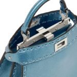FENDI PEEKABOO ISEEU PETITE METALLIC BLUE SELLERIA BAG WITH 306 HAND-SEWN TOPSTITCHES