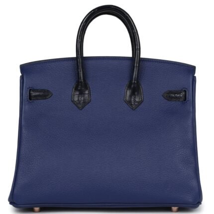 HERMÈS BIRKIN 25 BLEU SAPHIR TAURILLION NOVILLO AND BLEU MARINE MATTE ALLIGATOR TOUCH ROSE GOLD HARDWARE