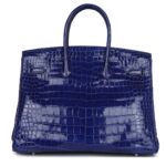 PRE-OWNED HERMÈS BIRKIN 35 BLEU ELECTRIC SHINY POROSUS CROCODILE PALLADIUM HARDWARE