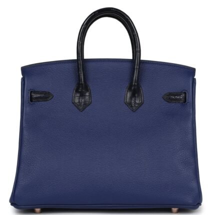 HERMÈS BIRKIN 25 BLEU SAPHIR TAURILLION NOVILLO AND BLEU MARINE MATTE ALLIGATOR TOUCH ROSE GOLD HARDWARE