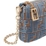 FENDI BAGUETTE POUCH LIGHT BLUE JACQUARD FF VELVET POUCH WITH CHAIN