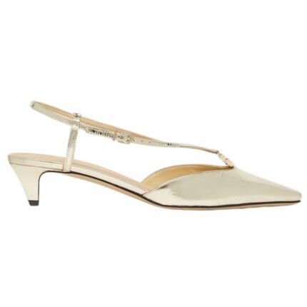 FENDI FFOLD CHAMPAGNE-COLORED METALLIC NAPPA LEATHER LOW-HEELED SLINGBACKS