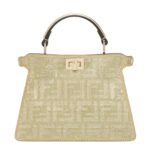 FENDI PEEKABOO ISEEU PETITE CHAMPAGNE-COLORED SUEDE BAG WITH FF IN CRYSTALS AND STUDS