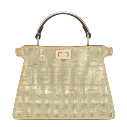 FENDI PEEKABOO ISEEU PETITE CHAMPAGNE-COLORED SUEDE BAG WITH FF IN CRYSTALS AND STUDS