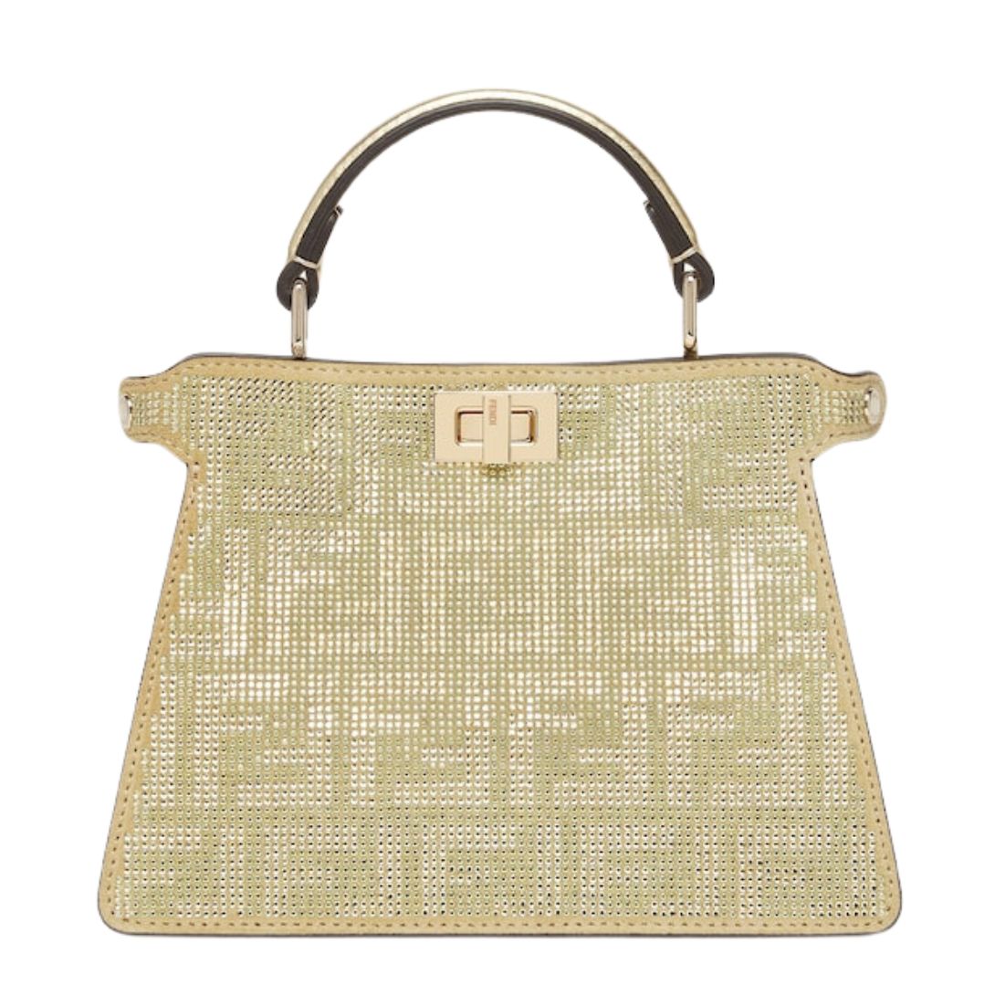 5 FENDI PEEKABOO ISEEU PETITE CHAMPAGNE-COLORED SUEDE BAG WITH FF IN CRYSTALS AND STUDS