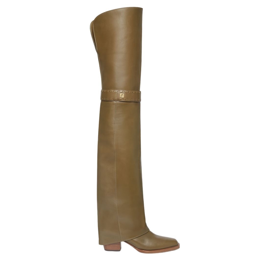 5 FENDI SHOW GREEN LEATHER MEDIUM-HEELED THIGH-HIGH BOOTS