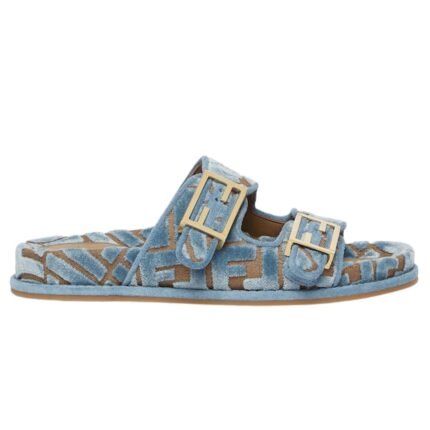 FENDI FEEL LIGHT BLUE FF JACQUARD VELVET SLIDES