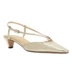 FENDI FFOLD CHAMPAGNE-COLORED METALLIC NAPPA LEATHER LOW-HEELED SLINGBACKS